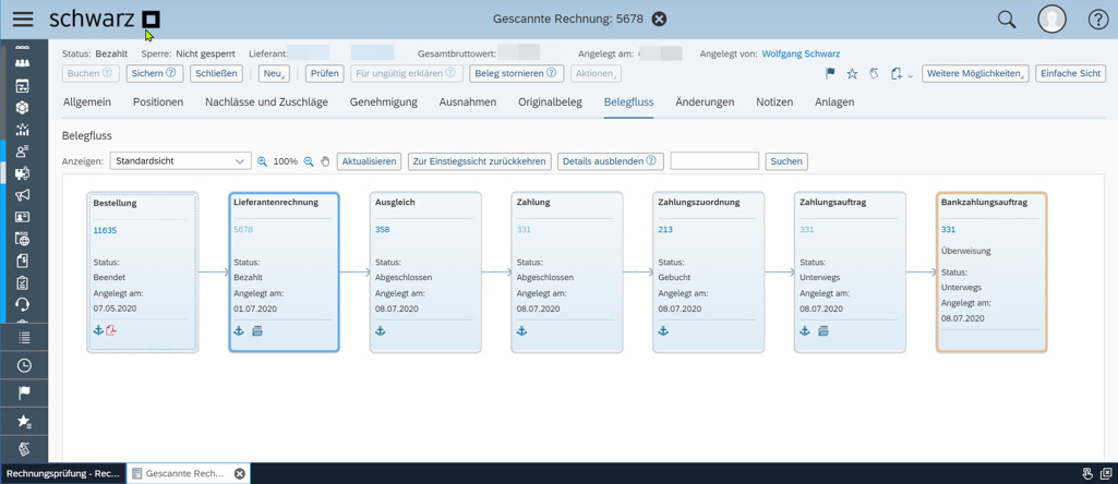 Screenshot SAP: Einkaufsprozess Bestellung bis Zahlung